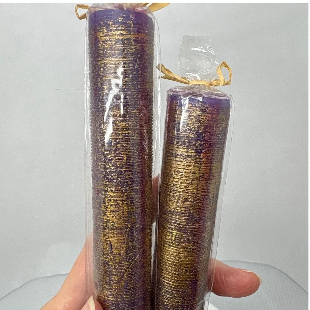 Purple Candles with Gold Tone Set of 2‎ Taper Candles 8 Inch Tall Home Decor